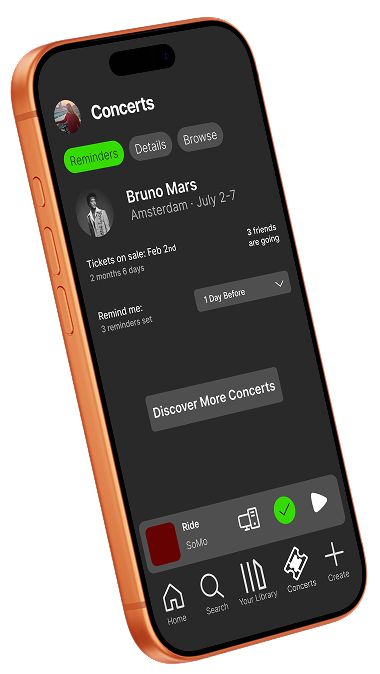 Concert Reminder System — iPhone mockup with event detail and Set Reminder CTA