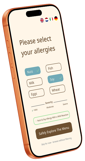 Allergy-safe Food Ordering — iPhone mockup with severity selector and CTA